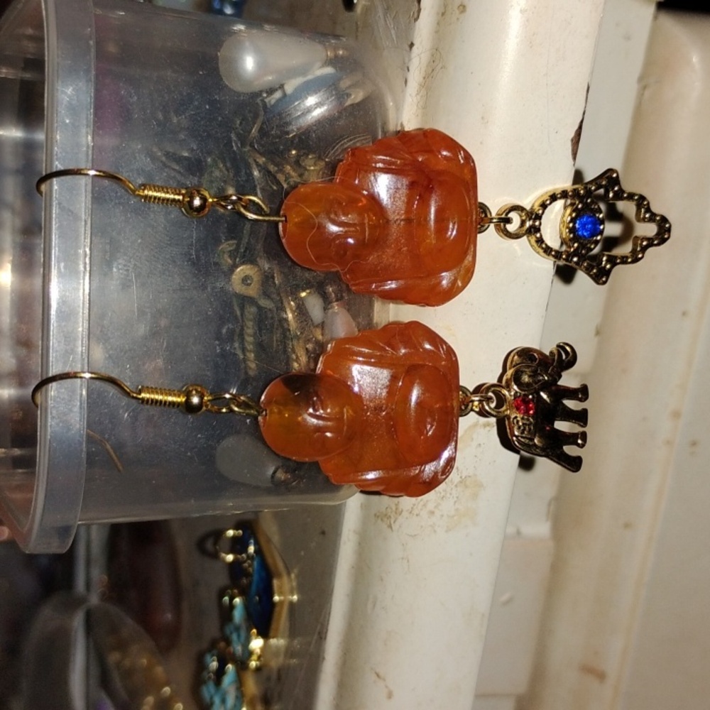 Gold and Brown Buddha Earrings with Elephant Charm